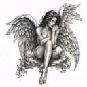 female angel, sitting with legs tucked up to chest and arms folded on legs, hair covering face. beautiful spread wings tattoo design idea