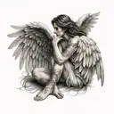 female angel, sitting with legs tucked up to chest and arms folded on legs, hair covering face. beautiful spread wings tattoo design idea