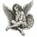 female angel, sitting with legs tucked up to chest and arms folded on legs, hair covering face. beautiful spread wings tattoo design idea