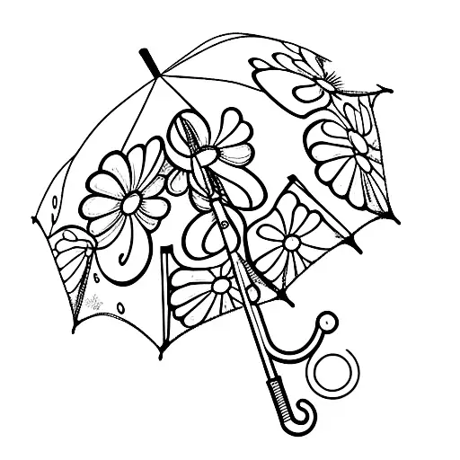 side view of an umbrella with a Diamond handle  and it’s raining daisies and sweet pea flowers tattoo design idea