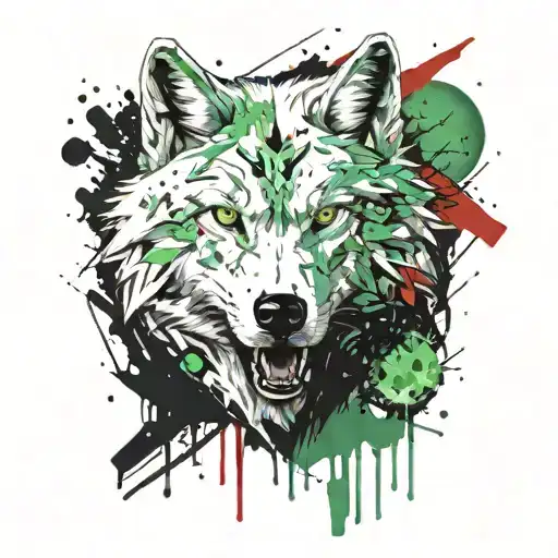 north mythology white wolf head with green eyes showing teeth, dark forest in the background with a full moon  tattoo design idea