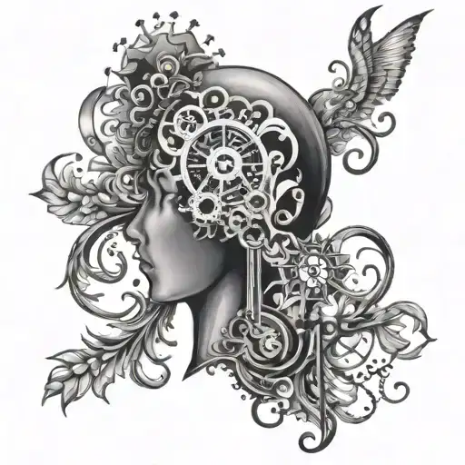 Black and grey back piece with psychedelic accents for an ADHD/ASD mind. Centerpiece from Attachment 1 with light bulb tattoo design idea