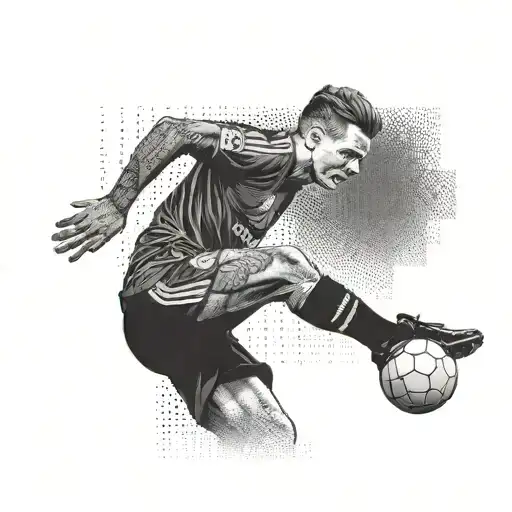 A dotwork tattoo of Beckham's iconic free kick pose with the Manchester United logo in the background tattoo design idea