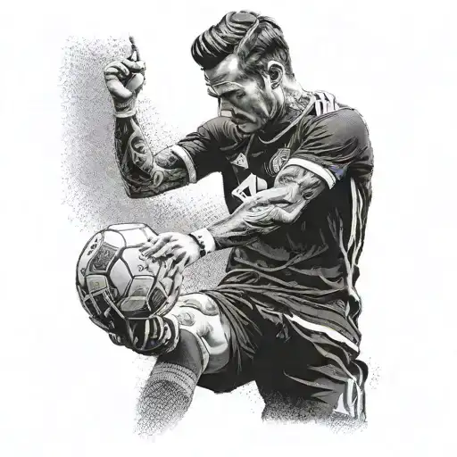 A dotwork tattoo of Beckham's iconic free kick pose with the Manchester United logo in the background tattoo design idea