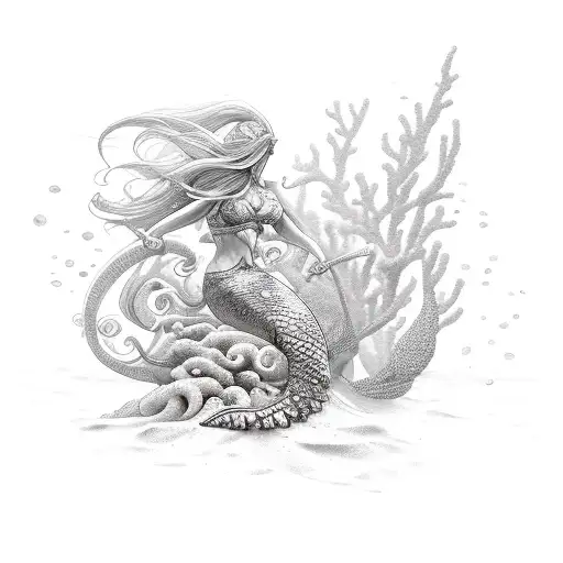 ocean, coral, shells, mermaid warrior tattoo design idea