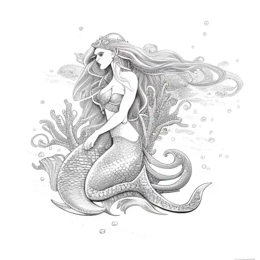 warrior mermaid, coral, ocean tattoo design idea
