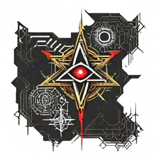 Dark black broke Satanic cross Realistic Eye, cracked and bleeding. dark black and blood red. golden cross. demonic tattoo design idea
