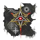 Dark black broke Satanic cross Realistic Eye, cracked and bleeding. dark black and blood red. golden cross. demonic tattoo design idea