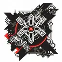 Dark black broke Satanic cross Realistic Eye, cracked and bleeding. dark black and blood red. golden cross. demonic tattoo design idea