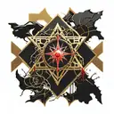 Dark black broke Satanic cross Realistic Eye, cracked and bleeding. dark black and blood red. golden cross. demonic tattoo design idea