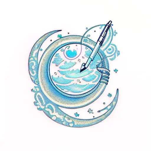 a moon and a pen entwined together in a ring with a delicate floral patterns, with the phrase 'Writing for my Love' tattoo design idea