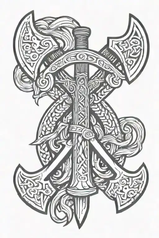 2 Nordic Viking axes crossed with berserker symbol behind it. Nordic symbols to fill the empty spaces tattoo design idea