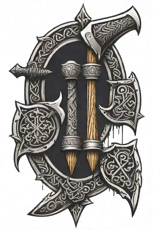 2 Nordic Viking axes crossed with berserker symbol behind it. Nordic symbols to fill the empty spaces tattoo design idea