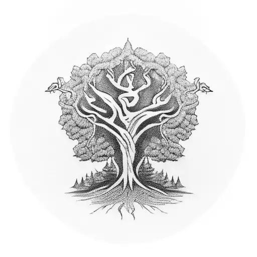 A tattoo design of a majestic tree with intricate roots, symbolizing strength and growth, incorporating elements of Lebanon's flag colors tattoo design idea