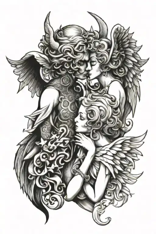 angel kissing demon girl tattoo design idea