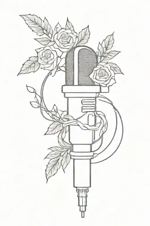 microphone surrounded by roses, wisteria, ivy, lavender tattoo design idea