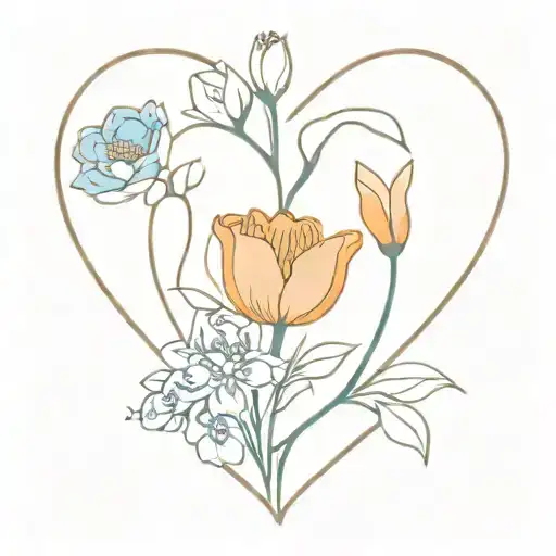 anatomical heart with blue forget me nots, a white tulip, and an orange mum growing from the top of the heart tattoo design idea