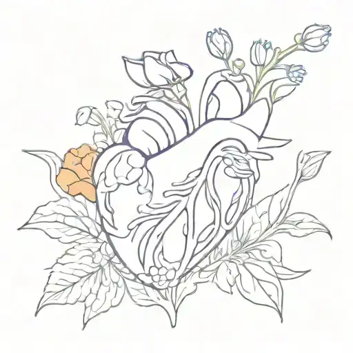 anatomical heart with blue forget me nots, a purple carnation, an orange mum, and a white tulip tattoo design idea