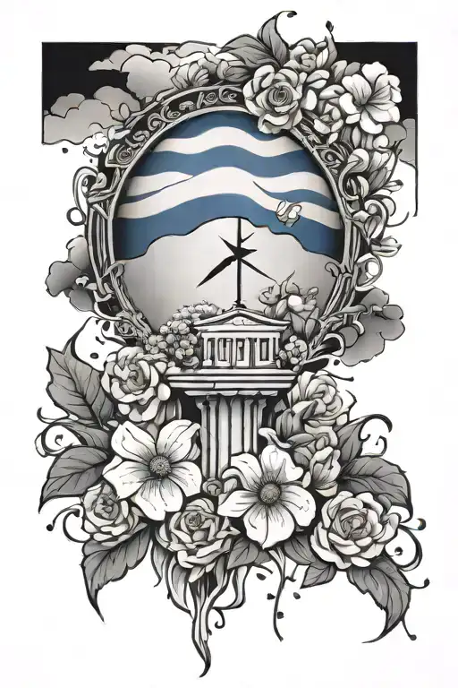 greek flag, thunderstorm, flowers growing inside tattoo design idea