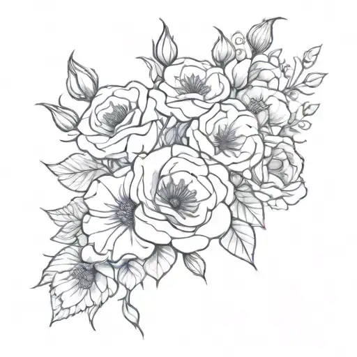 rose, violet, morning glory, poppy bouquet  tattoo design idea