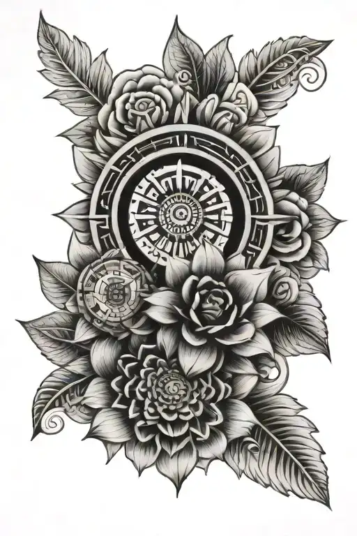 flowers with an aztec calendar tattoo design idea