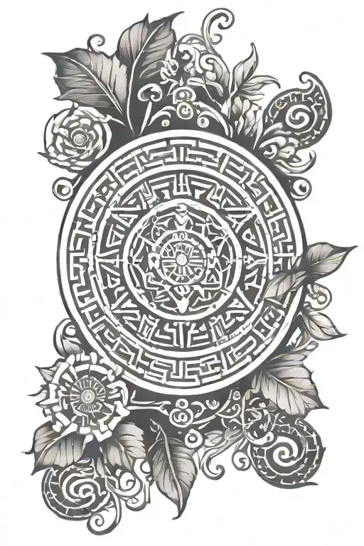 vines with aztec calendar tattoo design idea