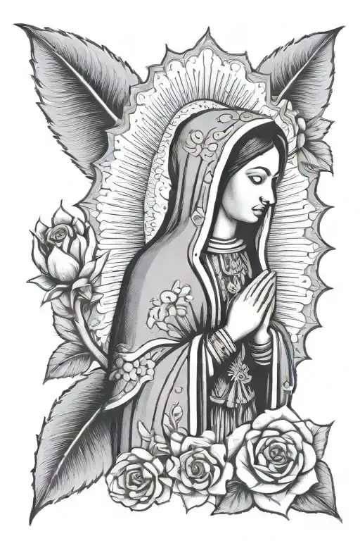 The Virgin of Guadalupe with nopales behind her tattoo design idea