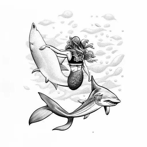 mermaid giving oxygen to a scuba diver with shark in the background tattoo design idea