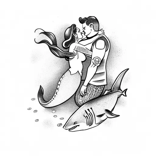 mermaid kissing a scuba diver with shark in the background tattoo design idea