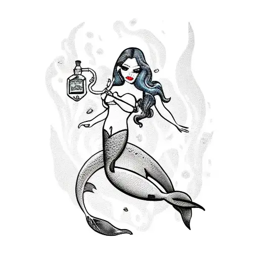 mermaid giving oxygen to a scuba diver with shark in the background tattoo design idea