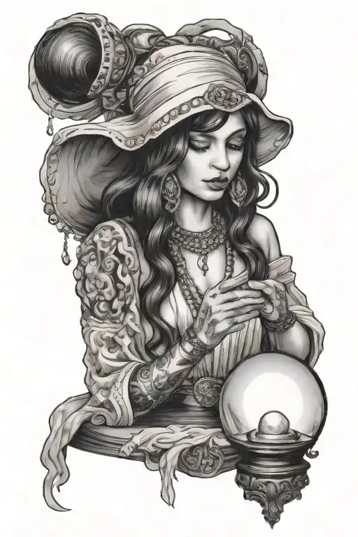 gypsy girl reading a crystal ball transforming tattoo design idea