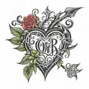 Design a tattoo with a large heart and the initials ORUT with intertwined and thorny letters. tattoo design idea
