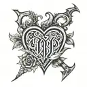 Design a tattoo with a large heart and the initials ORUT with intertwined and thorny letters. tattoo design idea