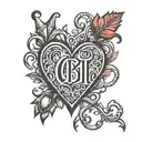 Design a tattoo with a large heart and the initials ORUT with intertwined and thorny letters. tattoo design idea
