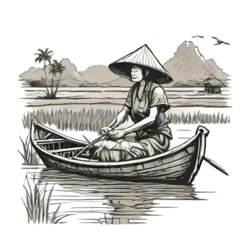 vietnam mekong delta boat woman ricefield mountain tattoo design idea