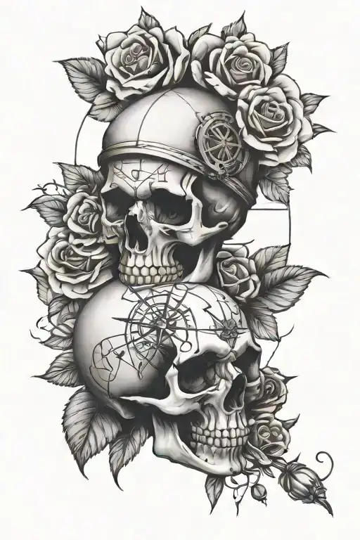 skull, rose, compass tattoo design idea