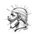 A frontend developer coding on a vintage motorcycle, with a Romanian flag flying in the background tattoo design idea