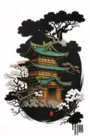 Japanese Temple with bloosom trees, samuria and geisha tattoo design idea