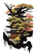 Japanese Temple with bloosom trees, samuria and geisha tattoo design idea