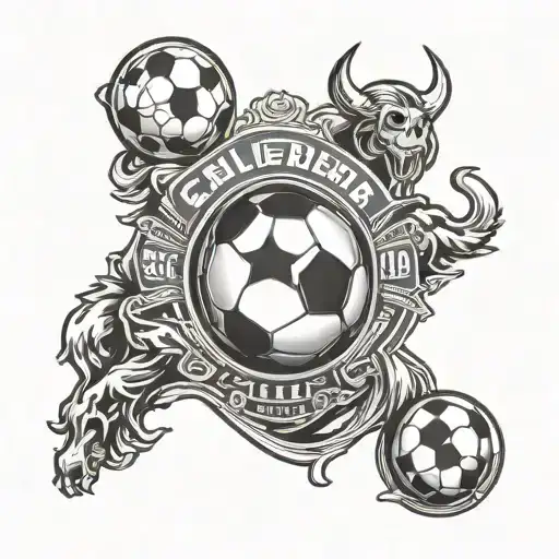 A dynamic and detailed tattoo design featuring the Racing Club de Avellaneda and Instituto de Cordoba logos intertwined with a soccer ball, symbolizing the client's love for both teams and the sport of futbol. tattoo design idea