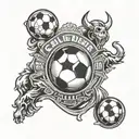 A dynamic and detailed tattoo design featuring the Racing Club de Avellaneda and Instituto de Cordoba logos intertwined with a soccer ball, symbolizing the client's love for both teams and the sport of futbol. tattoo design idea