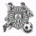 A dynamic and detailed tattoo design featuring the Racing Club de Avellaneda and Instituto de Cordoba logos intertwined with a soccer ball, symbolizing the client's love for both teams and the sport of futbol. tattoo design idea