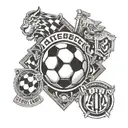 A dynamic and detailed tattoo design featuring the Racing Club de Avellaneda and Instituto de Cordoba logos intertwined with a soccer ball, symbolizing the client's love for both teams and the sport of futbol. tattoo design idea