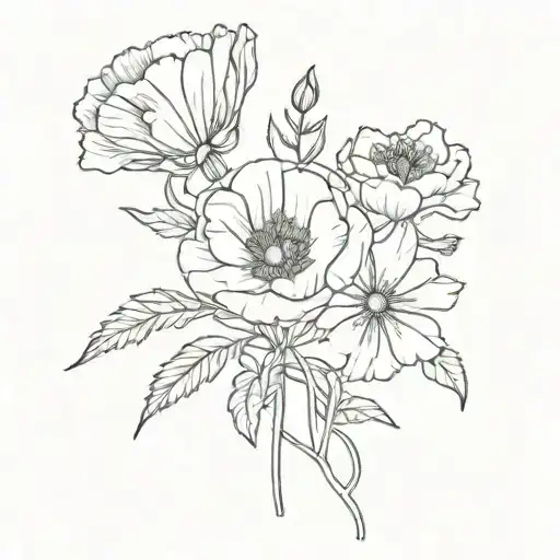 1 poppy flower, 2 honeysuckle flowers, 2 carnation flowers, and 1 primrose flower in a bouquet tattoo design idea