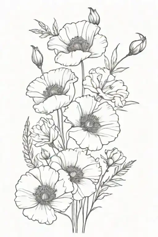 1 poppy flower, 2 honeysuckle flowers, 2 carnation flowers and 1 primrose flower in a bouquet  tattoo design idea