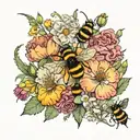 1 poppy flower, 2 honeysuckle flowers, 2 carnation flowers and 1 primrose flower in a bouquet with 3 bumblebees   tattoo design idea