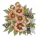 1 poppy flower, 2 honeysuckle flowers, 2 carnation flowers and 1 primrose flower in a bouquet with 3 bumblebees   tattoo design idea