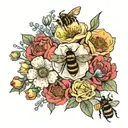 1 poppy flower, 2 honeysuckle flowers, 2 carnation flowers and 1 primrose flower in a bouquet with 3 bumblebees   tattoo design idea