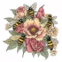 1 poppy flower, 2 honeysuckle flowers, 2 carnation flowers and 1 primrose flower in a bouquet with 3 bumblebees   tattoo design idea