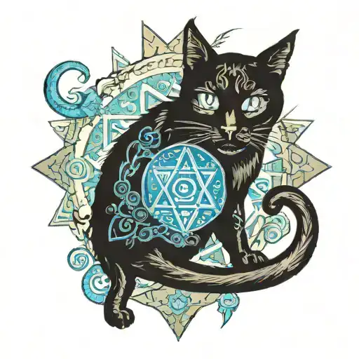 A mysterious black cat with glowing blue eyes surrounded by Jewish and messianic symbols tattoo design idea